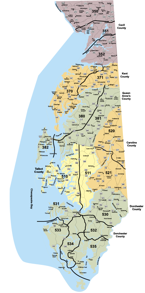 Maryland Public Land Codes Map showing designated public hunting land code areas across Maryland’s Eastern Shore, including Cecil, Kent, Queen Anne’s, Talbot, Caroline, Dorchester, and Somerset counties. The map identifies numbered public land zones used for hunter harvest reporting, wildlife management, and hunting regulation compliance.