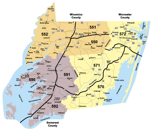 Maryland Public Land Codes Map showing public hunting land code areas in Wicomico, Worcester, and Somerset counties on Maryland’s lower Eastern Shore. The map identifies numbered public land regions used for harvest reporting, wildlife management, and hunting regulation compliance on public lands.