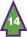 Green arrow icon with a white number fourteen centered inside, outlined in purple.