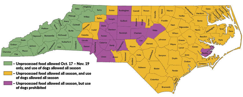 North Carolina Hunting Bear with Dogs and Using Unprocessed Foods Map
