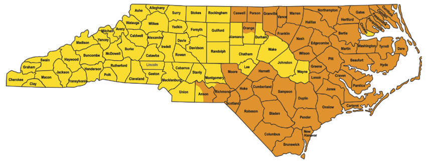 North Carolina map showing where hunting deer with the use of dogs is allowed.