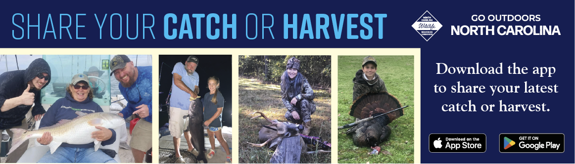 Go Outdoors North Carolina promotional banner showing anglers and hunters proudly sharing their catches and harvests, including fish, deer, and turkey. The