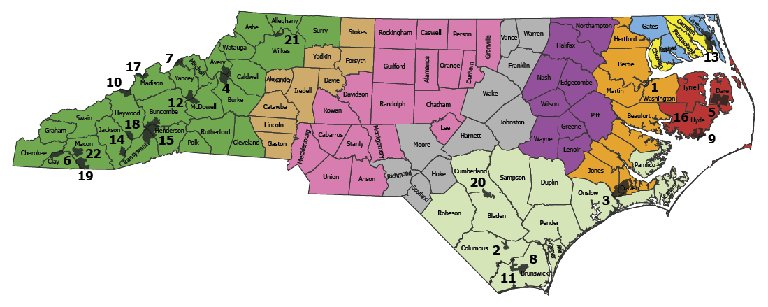Color-coded map of North Carolina showing 22 bear management zones with county boundaries labeled. Each zone is numbered from 1 to 22, representing the North Carolina Wildlife Resources Commission’s designated regions for black bear management and hunting regulation.