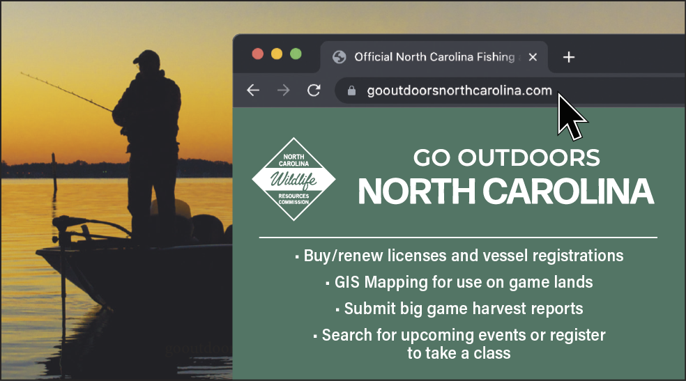 Graphic promoting Go Outdoors North Carolina, showing a person fishing at sunset and a web browser highlighting the URL gooutdoorsnorthcarolina.com for purchasing licenses, registering vessels, submitting harvest reports, and finding outdoor events.