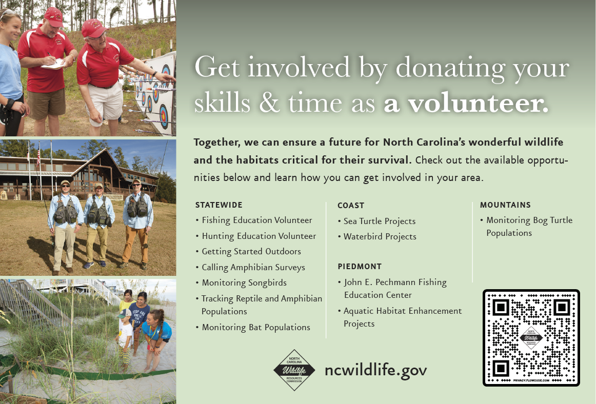 North Carolina Wildlife Resources Commission volunteer recruitment flyer showing people teaching archery, fishing, and helping with sea turtle projects. The flyer invites people to volunteer for wildlife conservation and education programs across the state, including coastal, mountain, and piedmont regions.