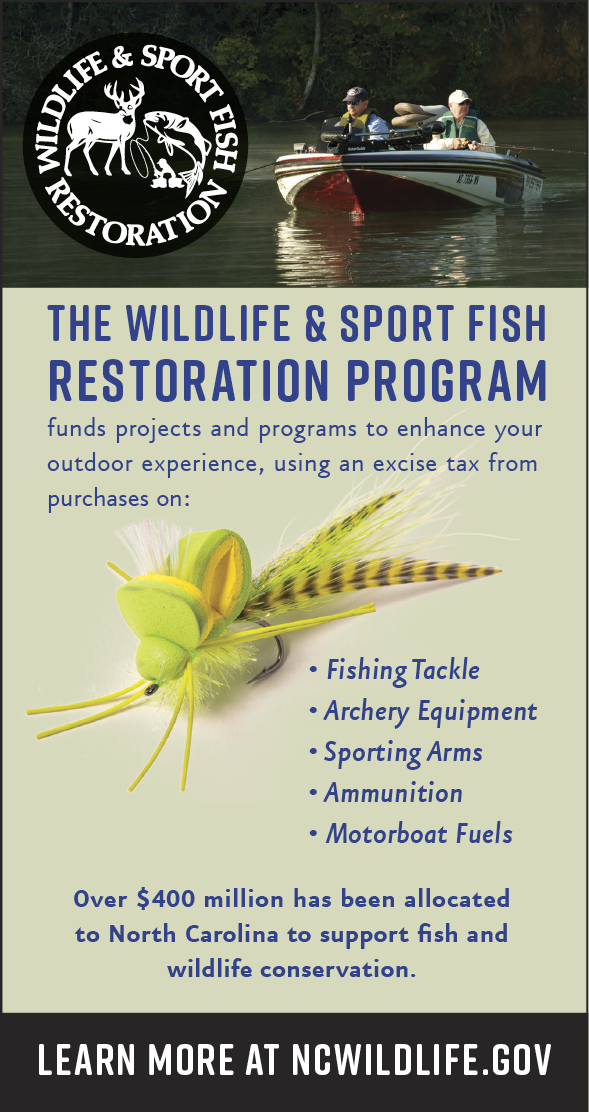 Promotional image for the Wildlife & Sport Fish Restoration Program, showing people fishing from a boat and a close-up of a fishing lure, highlighting how excise taxes on outdoor equipment fund wildlife conservation in North Carolina.