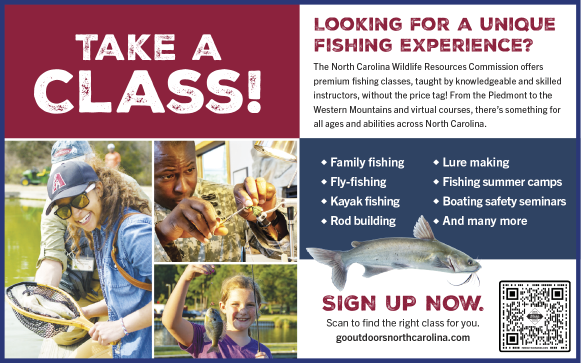 Promotional flyer from the North Carolina Wildlife Resources Commission encouraging people to “Take a Class!” in fishing. It features smiling participants holding fish and learning skills like fly-fishing, kayak fishing, and lure making. Includes a QR code linking to gooutdoorsnorthcarolina.com for class registration.