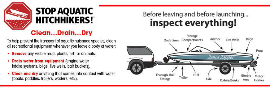 Instructions for how to properly clean, drain, and dry a boat after leaving a waterbody.