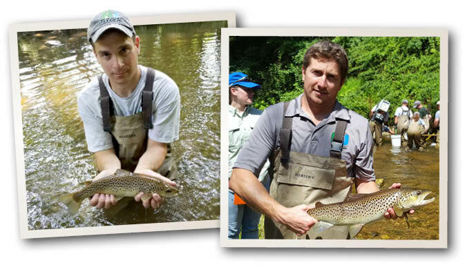 Two beautiful wild Brown Trout collected by hourly Biologist Luke Diglio Ph.D. (left) and Freshwater Fisheries Chief Shawn Crouse (right) during field research.