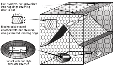 Diagram of a Chesapeake-style crab pot showing funnel entrances, escape rings, biodegradable panel, and trap construction used for recreational crabbing.