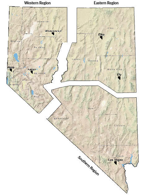 Nevada map of regional department of wildlife offices