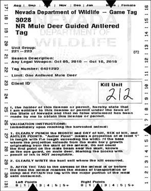 Example of a Nevada Department of Wildlife game tag for a nonresident guided mule deer hunt, showing tag details, unit number, season dates, and harvest validation instructions.