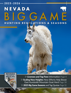Cover of the 2025–2026 Nevada Big Game Hunting Regulations & Seasons guide, featuring a mountain goat standing on a rocky cliff under a blue sky.