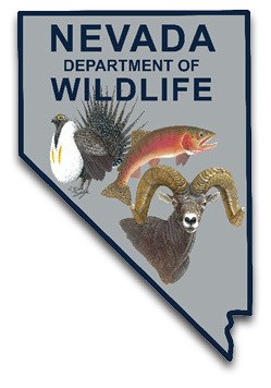 Nevada Department of Wildlife logo shaped like the state of Nevada, featuring a sage-grouse, a trout, and a desert bighorn sheep.