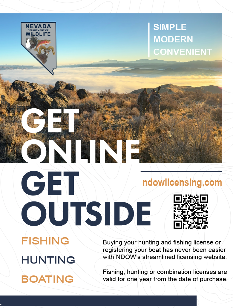 Nevada Department of Wildlife advertisement promoting online hunting, fishing, and boating licenses at ndowlicensing.com, with hunters overlooking a Nevada mountain landscape at sunrise.
