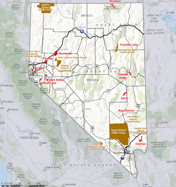 NDOW WMA's and USFWS National Wildlife Refuges Area Map