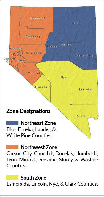 Map of Nevada zone designations for migratory game bird hunting.