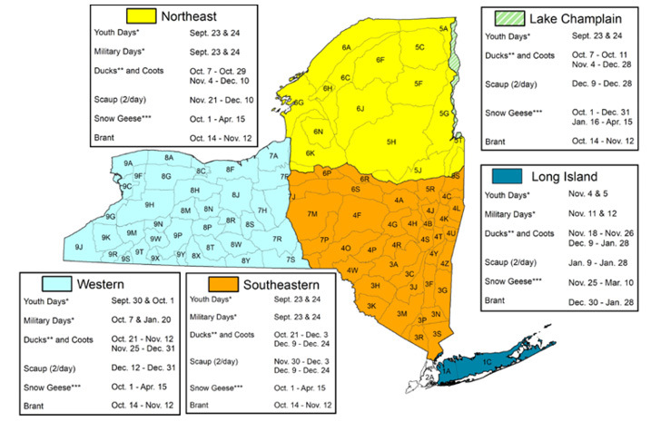 Map of Waterfowl Hunting Seasons in New York