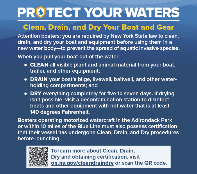 Protect Your Waters, Clean, Drain, Dry Your Boat to protect against the spread of invasive species