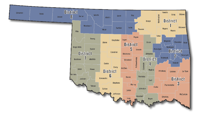 Map of Oklahoma Districts 1 through 8.