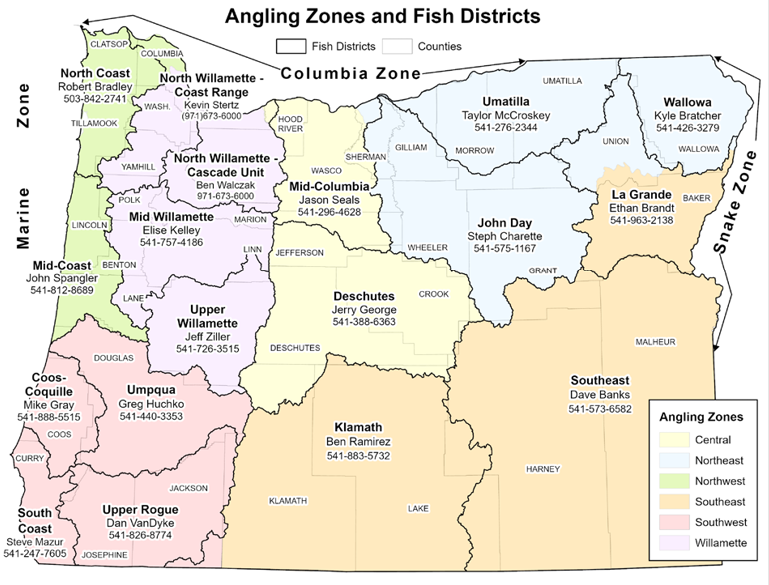 Map of Angling Zones and Fish Districts in Washington State