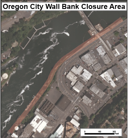 Aerial map of the Oregon City Wall Bank Closure Area with a long shaded strip along the east side of the Willamette River indicating restricted access.