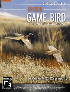 Cover of the 2025–2026 Oregon Game Bird Hunting Regulations featuring two pheasants flying over tall grass in a natural habitat.