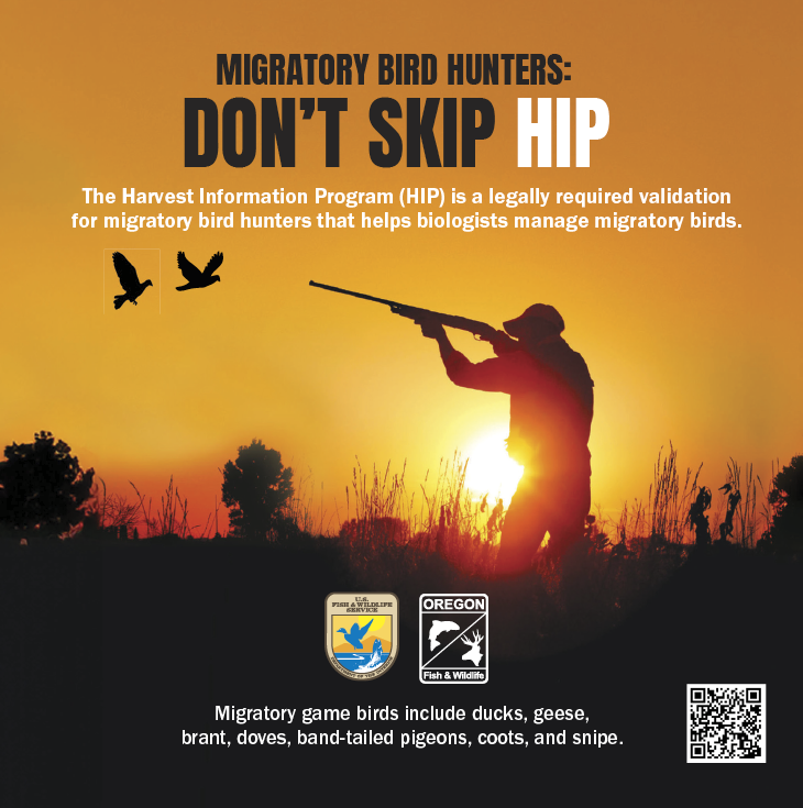 Silhouette of a hunter aiming at birds in flight during sunset with the message “Migratory Bird Hunters: Don’t Skip HIP.” The Harvest Information Program (HIP) is required for hunting migratory birds in Oregon.