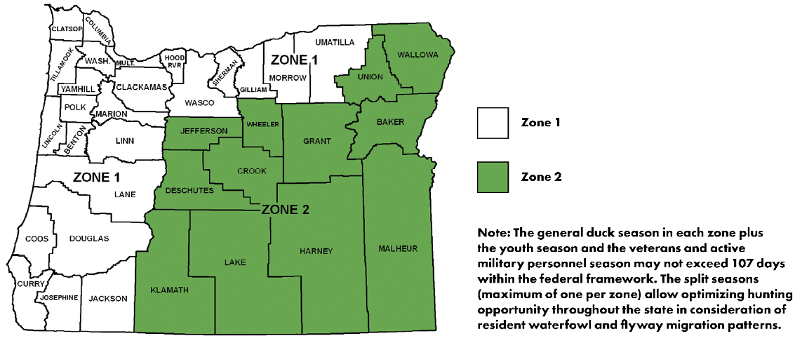 Map of Oregon showing duck, snipe, and mourning dove hunting zones. Zone 1 covers western and northern Oregon, while Zone 2 includes central, southern, and eastern Oregon counties.