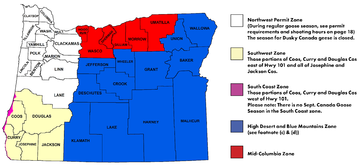 Map of Oregon goose hunting zones showing Northwest Permit Zone, Southwest Zone, South Coast Zone, High Desert and Blue Mountains Zone, and Mid-Columbia Zone.