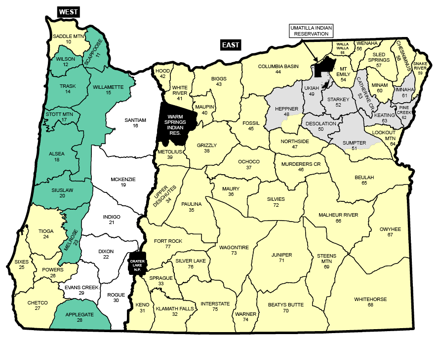Map of Oregon showing general-season elk hunt units for any legal weapon. The West units are highlighted in green, East units in light yellow, and controlled hunt or special units in gray. Tribal lands—including the Warm Springs Indian Reservation and the Umatilla Indian Reservation—are marked in black. Each unit is labeled with its name and unit number.