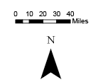 Scale bar and north arrow for the Oregon wildlife management unit map, showing distances from 0 to 40 miles and a north-pointing directional arrow.