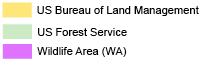 Legend showing land-management colors: yellow for U.S. Bureau of Land Management, light green for U.S. Forest Service, and purple for Wildlife Areas (WA).