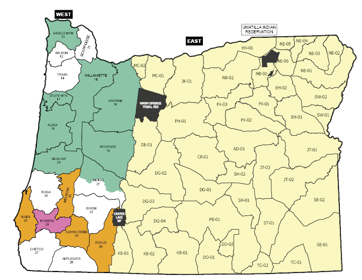 Map of Oregon showing buck archery season hunt units, with the West region highlighted in various colors to indicate different archery zones and the East region shown in light yellow. Tribal lands—including the Warm Springs Tribal Reservation and the Umatilla Indian Reservation—are marked in black. Unit boundaries and labels are clearly outlined across the state.