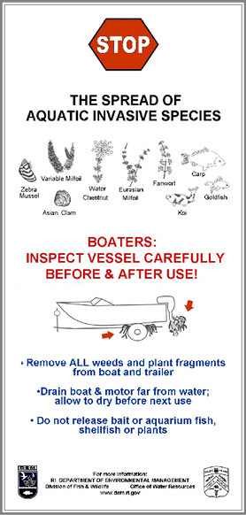 Image showing examples of aquatic invasive species as well as a message for boaters to inspect vessels carefully before and after use.