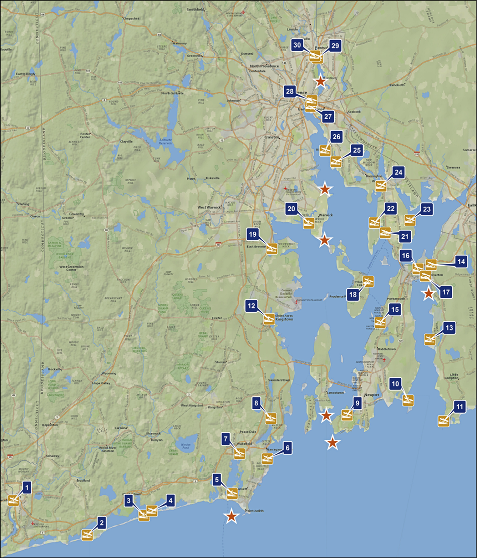 Map of Rhode Island showing numbered public boat ramp locations and marked fishing hotspots with red stars along the coastline and inland waterways.