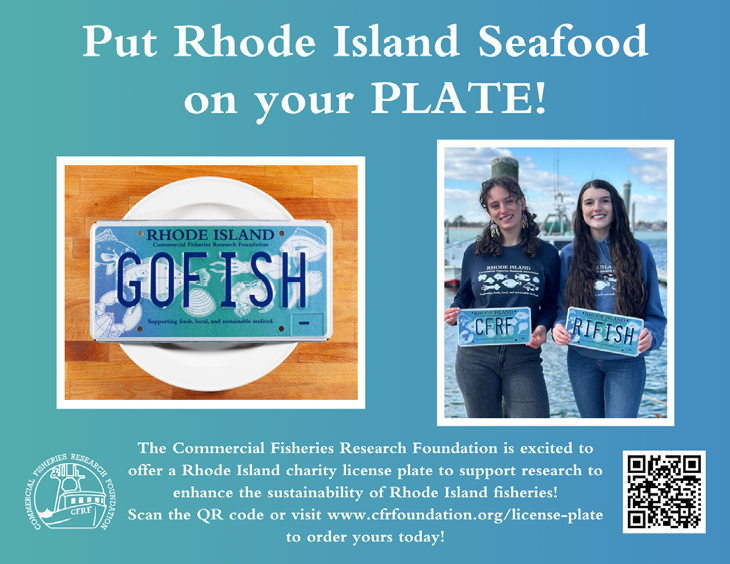 Rhode Island GO FISH charity license plate on a dinner plate and two women holding CRRF and RIFISH plates by the waterfront to promote sustainable seafood.