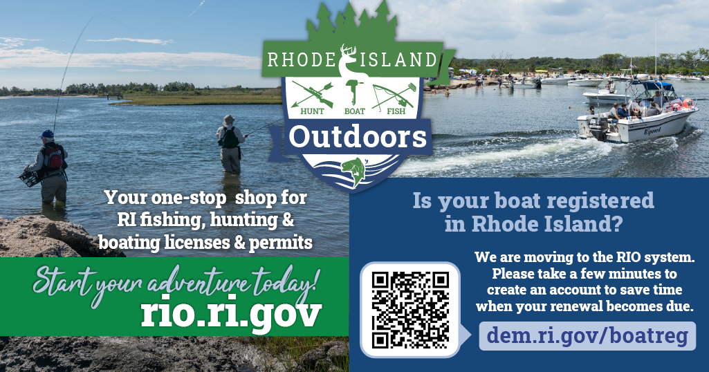 Rhode Island Outdoors promotional graphic showing people fishing and boating, encouraging residents to register boats and get hunting and fishing licenses at rio.ri.gov.