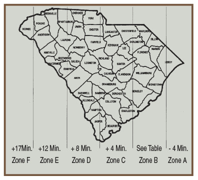 South Carolina map showing exact time difference discrepancies by location.