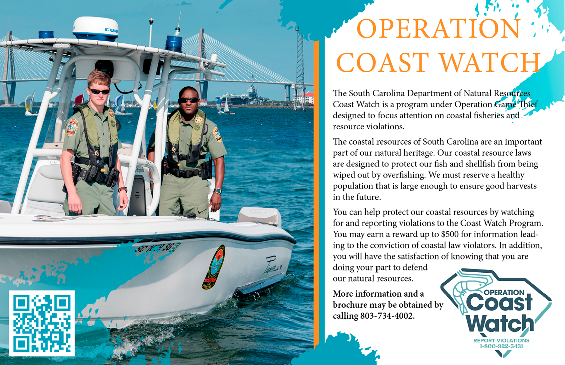Two South Carolina Department of Natural Resources officers stand aboard a patrol boat on the water with the Arthur Ravenel Jr. Bridge in the background. The “Operation Coast Watch” graphic explains how citizens can report coastal fisheries and resource violations to help protect marine life and ecosystems.