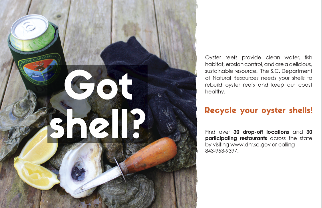 Oyster shells, a lemon wedge, a shucking knife, and gloves rest on a wooden table next to a drink with a South Carolina Department of Natural Resources koozie. The image promotes oyster shell recycling to support reef restoration.