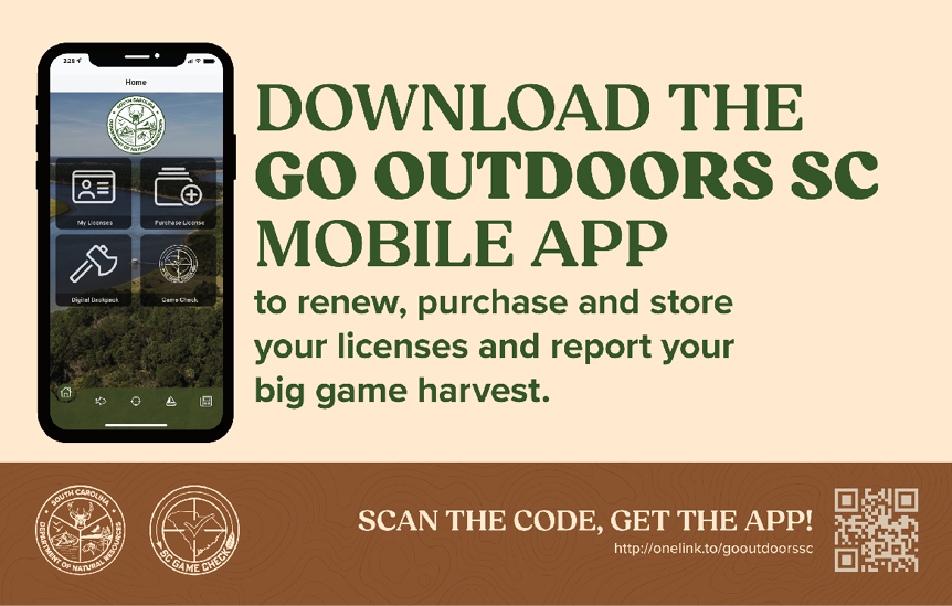 Promotional graphic encouraging users to download the “Go Outdoors SC” mobile app to buy, renew, and store South Carolina hunting and fishing licenses and report big game harvests.