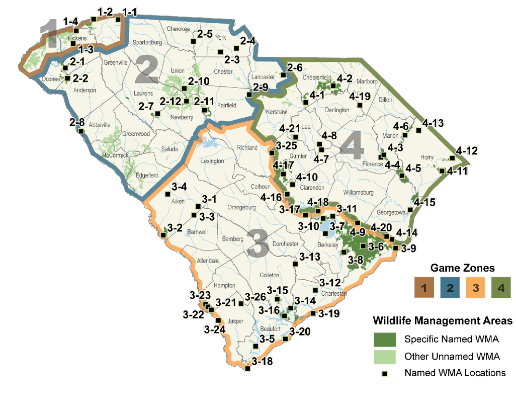 Map of South Carolina Wildlife Management Areas and Game Zones