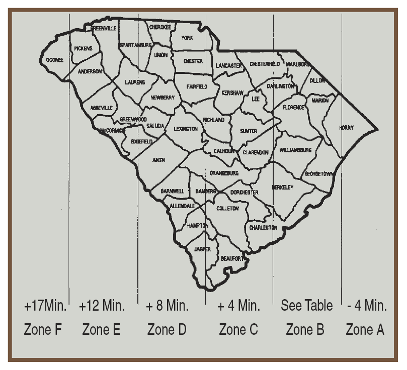 South Carolina map showing exact time difference discrepancies by location.