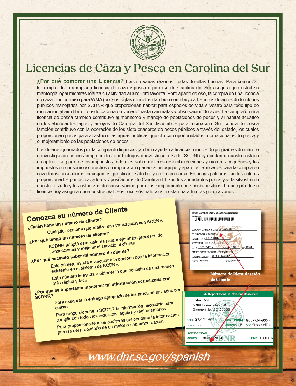 Diseño informativo del Departamento de Recursos Naturales de Carolina del Sur (SCDNR) titulado “Licencias de Caza y Pesca en Carolina del Sur”. Explica los beneficios de comprar una licencia de caza o pesca y cómo estas contribuyen a la conservación de la vida silvestre y los hábitats acuáticos. Incluye una sección resaltada titulada “Conozca su número de cliente”, que detalla por qué es necesario mantener su información actualizada en el sistema del SCDNR. En la parte inferior derecha aparecen ejemplos de una licencia de pesca y una tarjeta de identificación con el nombre de “John Doe”.