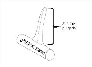 Diagrama que muestra cómo medir la longitud de una punta de asta. Indica que la punta debe tener un mínimo de una pulgada de largo desde la base o “beam” del asta.