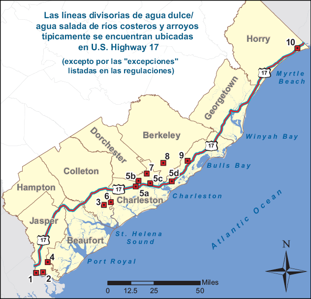Mapa de Carolina del Sur que muestra las líneas divisorias entre agua dulce y agua salada a lo largo de los ríos y arroyos costeros. La mayoría de las divisiones están ubicadas cerca de la autopista U.S. Highway 17, con excepciones señaladas en las regulaciones.