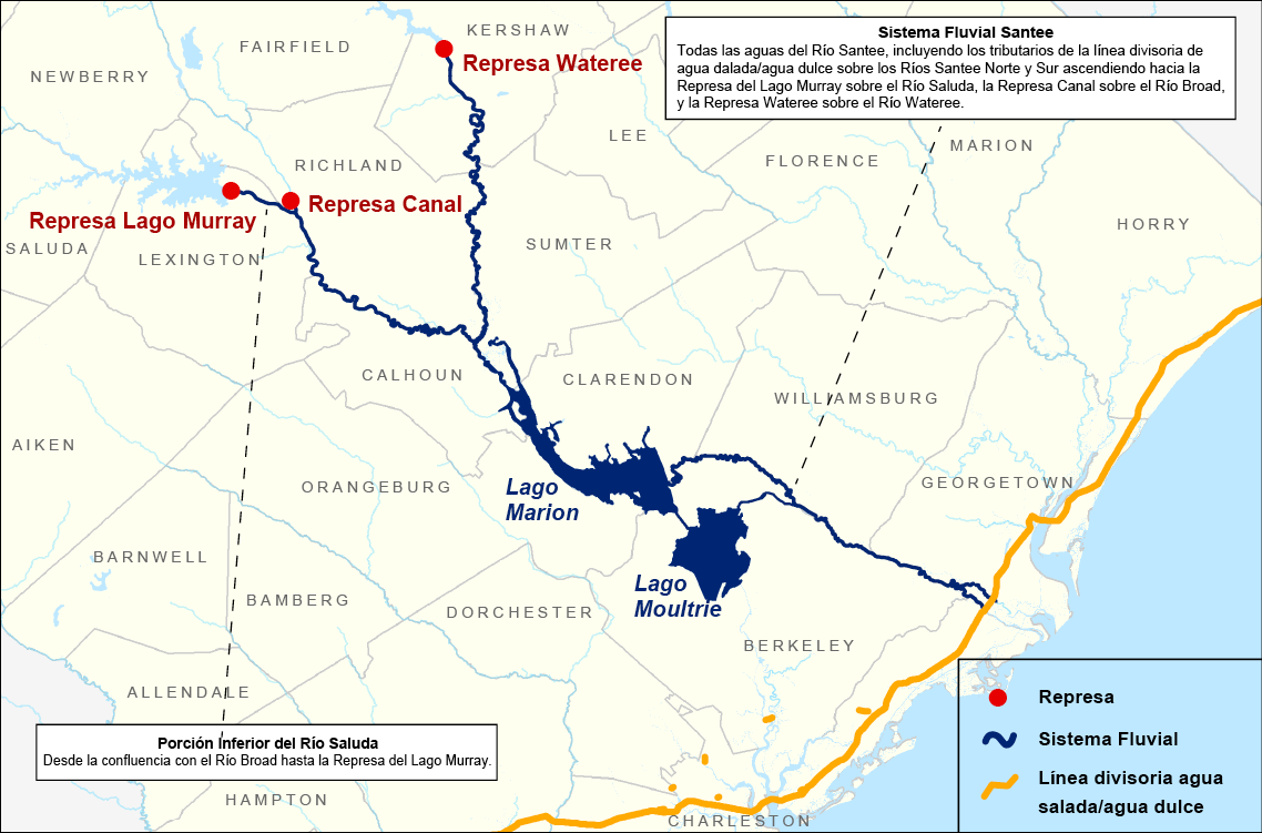 Mapa del sistema fluvial Santee en Carolina del Sur que muestra los principales ríos y represas: Lago Murray, Represa Canal, Represa Wateree, Lago Marion y Lago Moultrie. Incluye la línea divisoria entre agua dulce y salada y destaca las rutas de los ríos Saluda, Broad y Santee.
