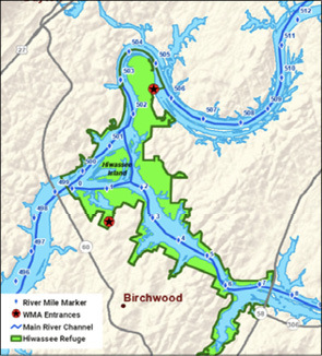 Exceptions to statewide regulations map of the Hiwassee Refuge.