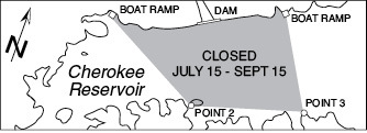 Map showing special regulations for a closed area of the Cherokee Reservoir in Tennessee.